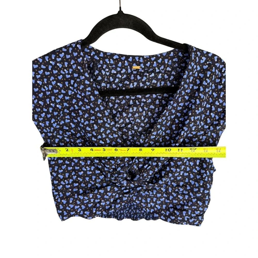 Free People Heart Print Twist Front Crop Top Blue Black V-Neck Smocked Back